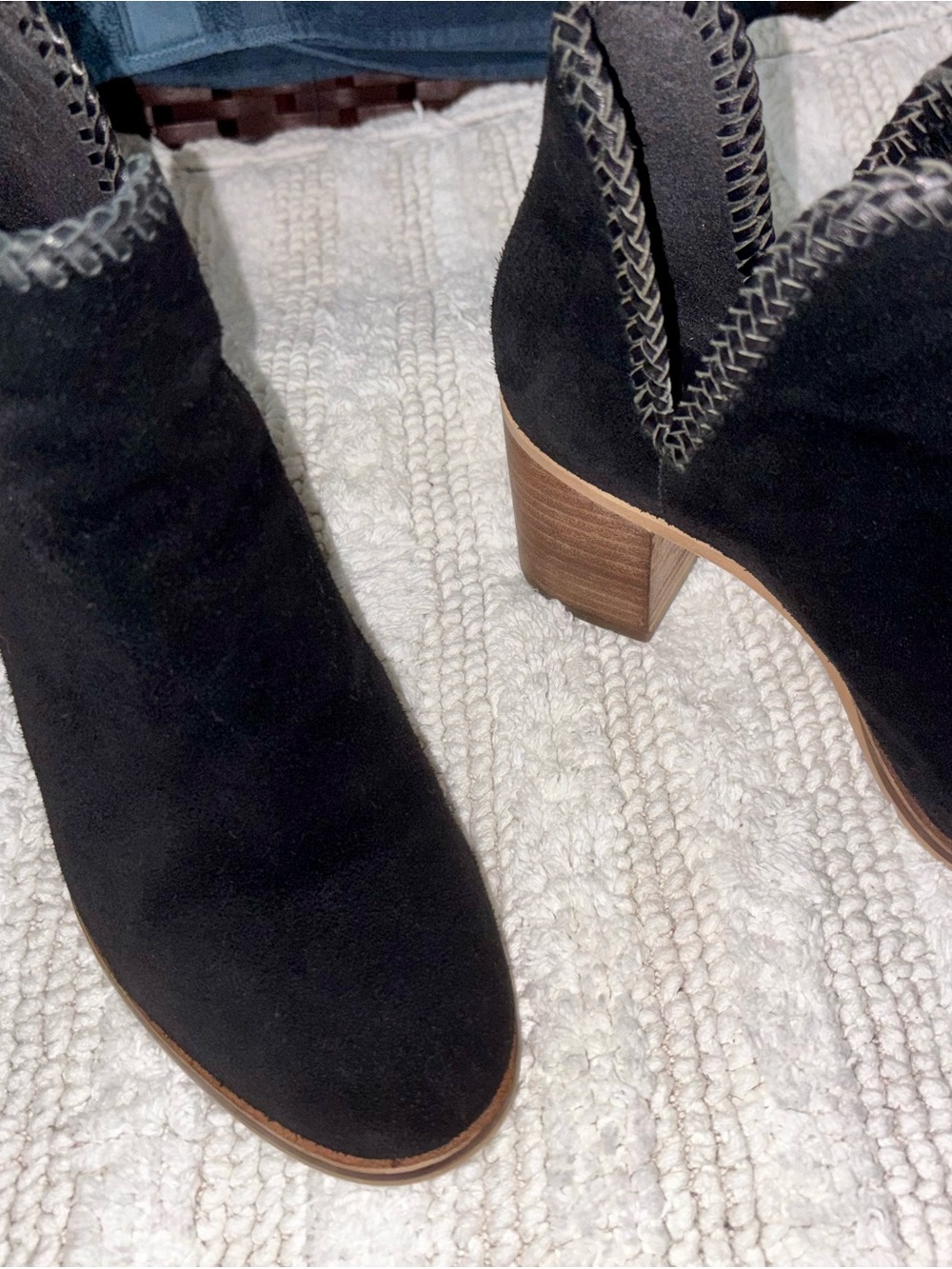 Frye Phoebe Braid Black Suede Ankle Booties with Stacked Wood Heel